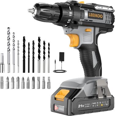 Акумуляторний шуруповерт LEEIKOO 21V з акумулятором 2.0Ah, 42N.m, 10мм патрон, 2 швидкості, 18+1 момент, LED, 20шт набору, сірий