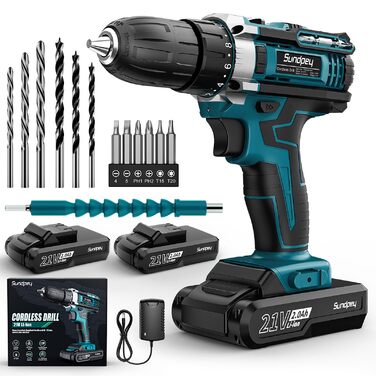 Акумуляторний шуруповерт Sundpey 21V з 2x2000mAh акумулятором, 45 Нм, 2 швидкості, 18+1 момент, патрон 10мм, набір 19шт для дому та DIY, блакитний