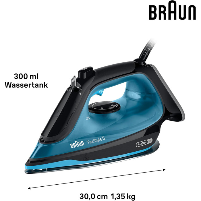 Праска з парою Braun FreeStyle 5 SI 5037 VI - потужний відпарювач з підошвою Freeglide 3D, вертикальним подачею пари, 2700 Вт, 200 г/хв, резервуар 330 мл (чорний/синій)