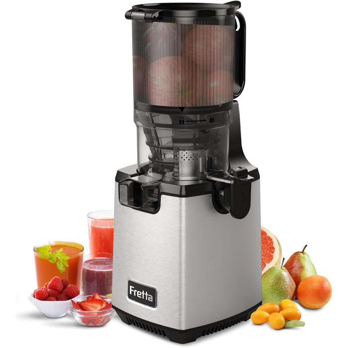 Fretta Slow Juicer, Winner in Vegetable and Fruit Tests, 250W Stainless Steel Electric Juice Extractor, Cold Press Juicer Machine with 135mm Large Opening, Easy to Clean, Reverse Function, BPA Free