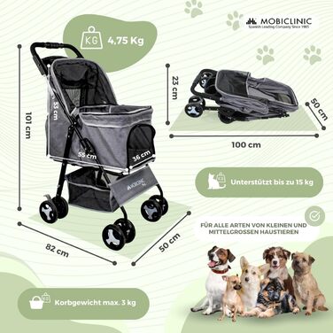 Mobiclinic® Pet Folding Dog Cart - 15kg Capacity, Small Dogs, Zuma Wheels with Brakes, XXL Storage Basket, 3 Zipper Windows & Mosquito Net, Cup Holder, Grey