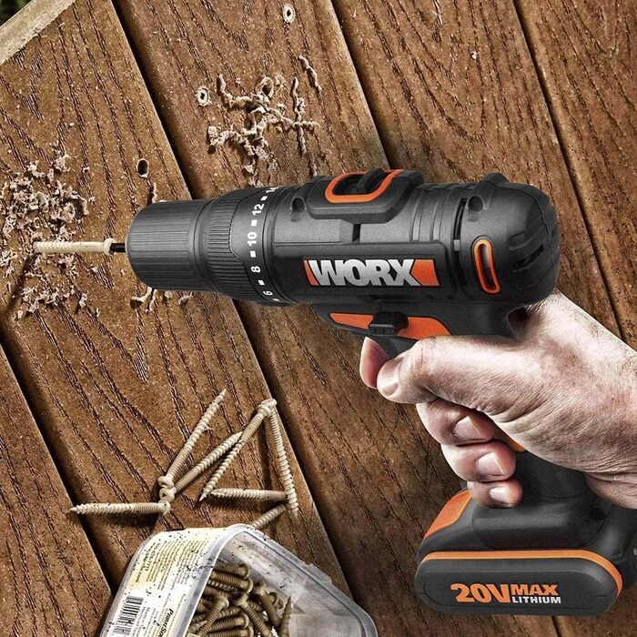 WORX WX101.9 Акумуляторний дриль-шурупокрут 20V – потужний інструмент для свердління та закручування шурупів – 2 швидкості та 15+1 ступенів регулювання крутного моменту – з LED-підсвічуванням (10 мм патрон, 30 Нм, з 2 акумуляторами та зарядним пристроєм)