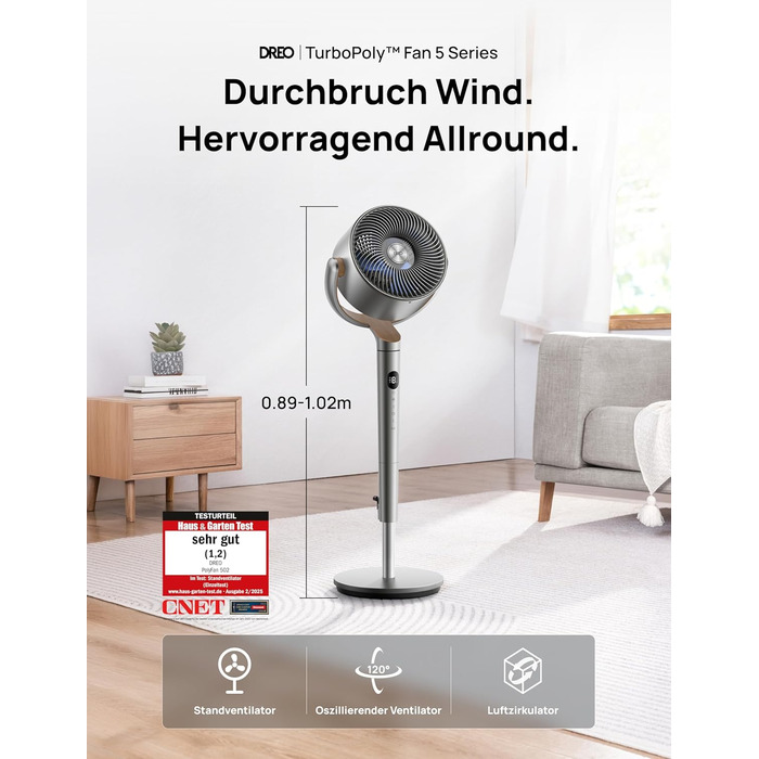 Вентилятор підлоговий Dreo, 102 см, 3 режими, 8 швидкостей, срібний, потужний, 1200 м³/год, 26 м відстань, 120° осциляція