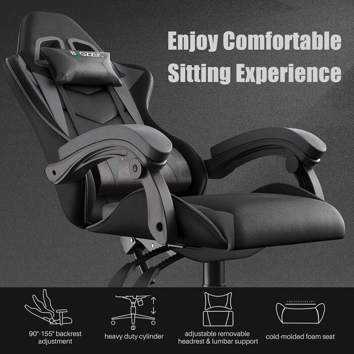 Геймерське крісло Bigzzia Ergonomic: з подушкою для попереку та голови, регульована висота, для комп'ютера, для дорослих та підлітків (сірий)