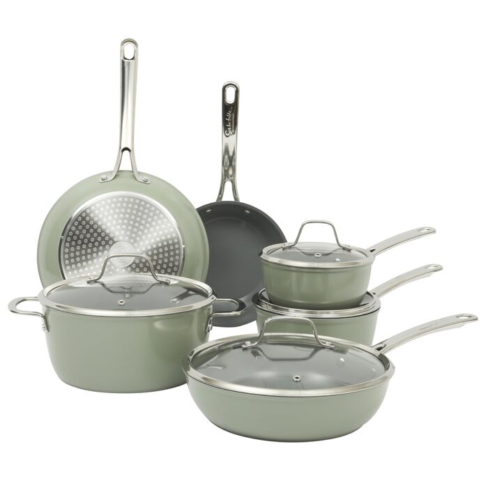 Набір посуду Sur La Table Kitchen Essentials 10 предметів: каструлі та сковороди з титановою керамікою, антипригарне покриття, індукція, зелений