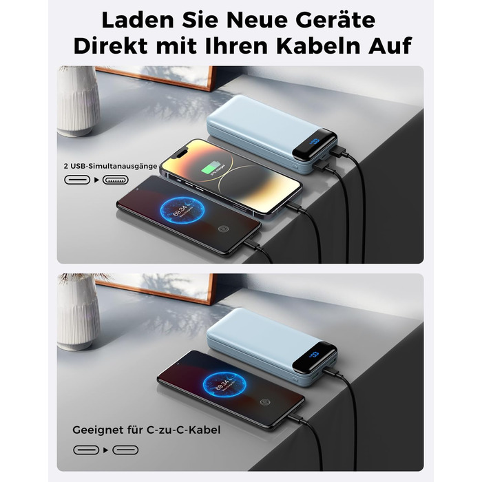 Power Bank Enerwow 27000mAh з PD 30W та Digital Display: Швидка зарядка для iPhone 15/14/13/12 Pro Max та інших пристроїв (Блакитний)