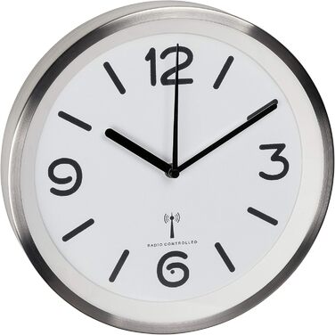 TFA Dostmann Analog Wall Clock, 60.3535, with Night Light, Quiet Movement with Second Hand, White/Silver, 60.3535.02, L 253 x W 253 x H 42 mm (Silver with Batteries)