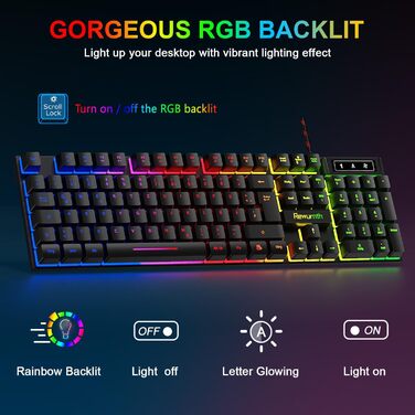 Ігровий набір клавіатури та миші з навушниками, QWERTZ DE розкладка, RGB підсвітка клавіатури, ігрова миша з LED підсвіткою (4 кольори), навушники Over-Ear, велика ігрова килимок, USB провідне підключення для PC, Mac, PS5, Xbox