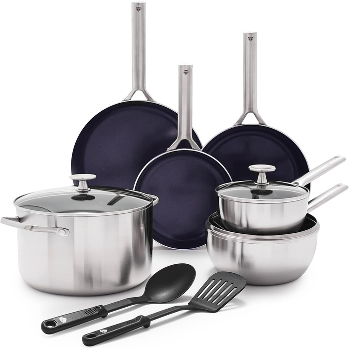 Набір посуду Blue Diamond Cookware (11 предметів): сковороди, каструлі з нержавіючої сталі з покриттям DiamantKeramik, антипригарне покриття, без PFAS, для індукційних плит, можна мити в посудомийній машині та використовувати в духовці, срібний колір