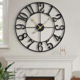 HAITANG Large Vintage Wall Clock, round, metal silent (no ticking), battery-powered, 40cm, 16 inch Roman numerals, clocks for living room, bedroom, kitchen wall clock decoration (Black Arabic numerals, 40 Cm)