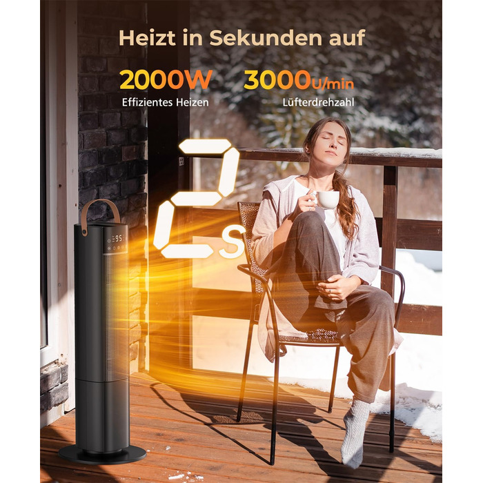 Електричний обігрівач PTC з керамічним нагрівачем, 2000W, 75° обертання, термостат, тихий, 3 режими, таймер 24 год, захист від перегріву та перекидання