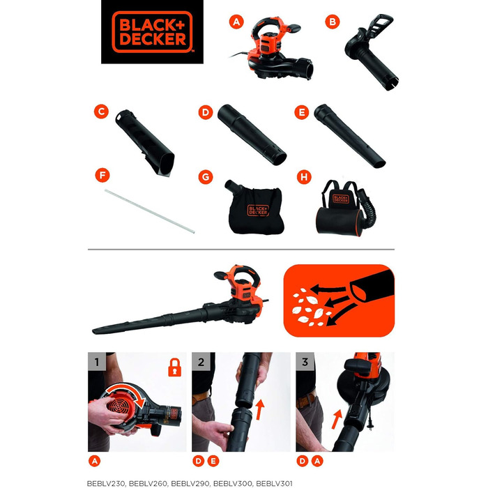 Електричний садовий пилосос-воздуходувка Black+Decker 3-в-1 BEBLV290, 2900 Вт, з подрібнювачем, 315 км/год, 55 л мішок-рюкзак, для терас, доріжок, під'їздів