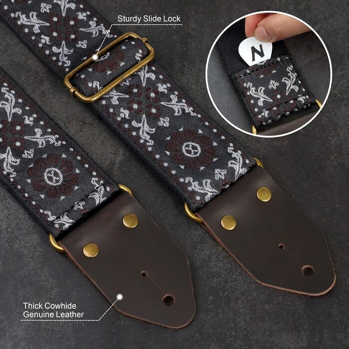 Гітарний ремінь Nefelibata з жаккардової бавовни з шкіряними кінцями Crazy Horse для бас-гітари, електрогітари та акустичної гітари. Подарунок для дітей та гітаристів