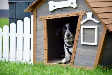 Будка для собак 'Hubi' Dobar® - Будка для собак з масивного дерева, розмір L, 90x77x109 см, коричнево-сіра