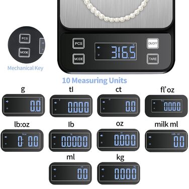 Кухонні ваги HOWEIFULL Digital 15 кг з великою поверхнею, USB зарядка, харчові, з нержавіючої сталі, точність 1 г (Чорний)