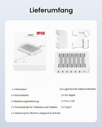 Зарядна станція SooPii USB з органайзером на 6 портів 50W, 6 кабелів, тримач для Apple Watch, біла
