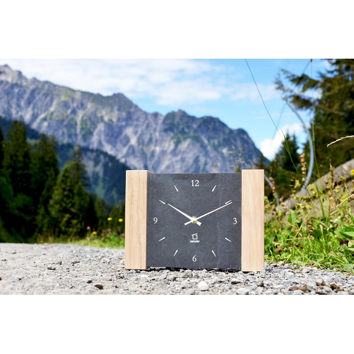 Wall clock, Matterhorn design, wood, oak, light stone, slate (Black/limed oak - radio controlled) (Quartz movement)