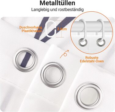 Штора для душу Weizenohr 180x200 см, з утяжеленим краєм, антигрибкова, водовідштовхувальна, поліестер, з кільцями (1 шт)