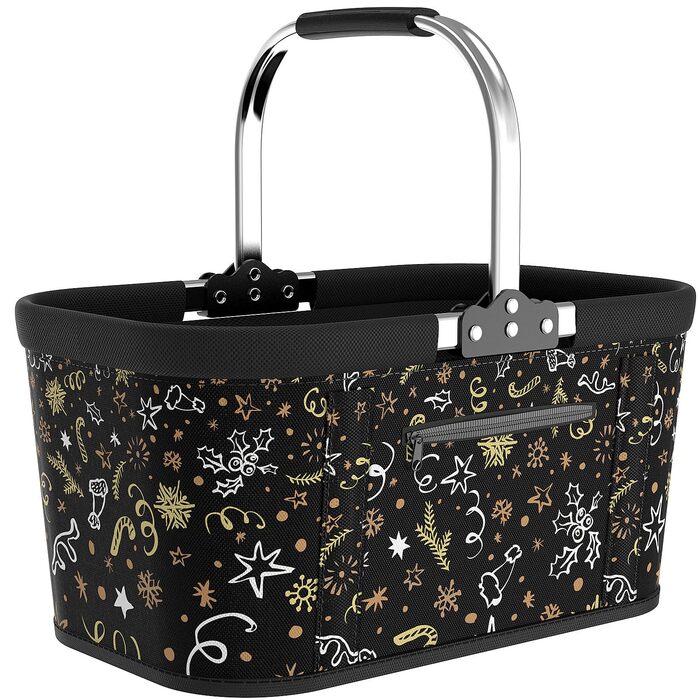 Складаний кошик для покупок на 30L з 4 стійками | Міцний кошик для перенесення та кошик для пікніка | Великий складаний кошик для сім'ї (46x27x25cm) | З м'якими ручками | Для покупок, подорожей, кемпінгу (30L, Чорний з новорічним принтом)