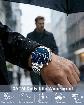 Чоловічий годинник MEGALITH з нержавіючої сталі, хронограф: велике циферблат, водостійкий, з датою, для роботи та відпочинку. Стильний подарунок для чоловіків, колір: срібно-блакитний.