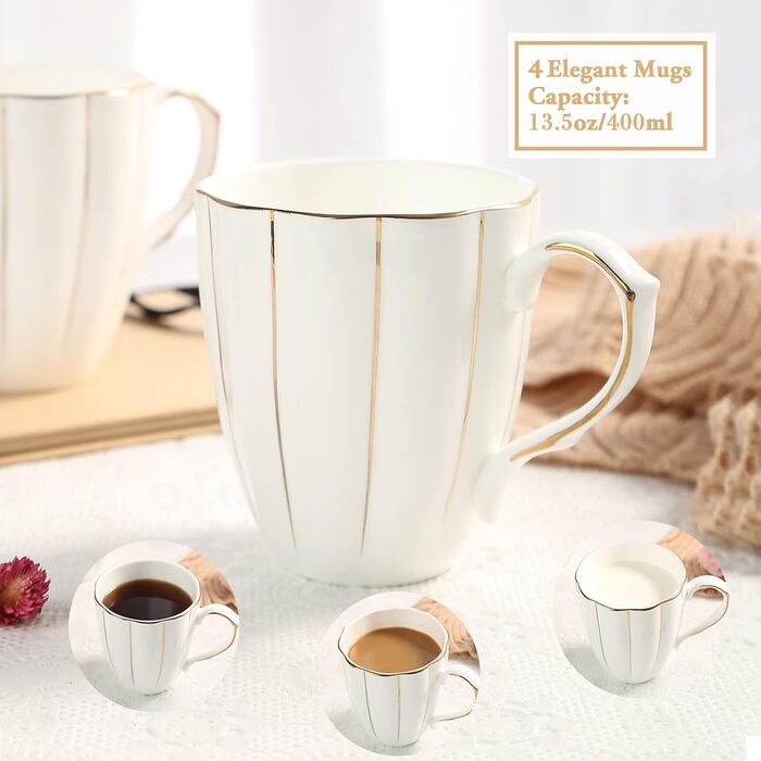 DUJUST Coffee Mug Set of 4 (400ml), Luxurious British Style with Handcrafted Golden Accents, Premium Bone China Cup Set in White and Gold for Coffee & Tea, Beautiful & Elegant