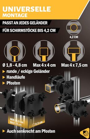 Menz Balcony Railing Umbrella Holder - Bomb-Proof Umbrella Holder for Balcony Railing as a Compact Balcony Umbrella Stand, Absolutely Universal Balcony Umbrella Holder in Black