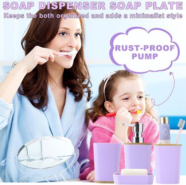 Набір аксесуарів для ванної кімнати, 9 предметів: смітник, тримач для зубних щіток, стакан для зубних щіток, дозатор для мила/лосьйону, тумбочка під раковину, мильниця, щітка для унітазу, тримач для ватних паличок (світло-фіолетовий), комплект: штора для 