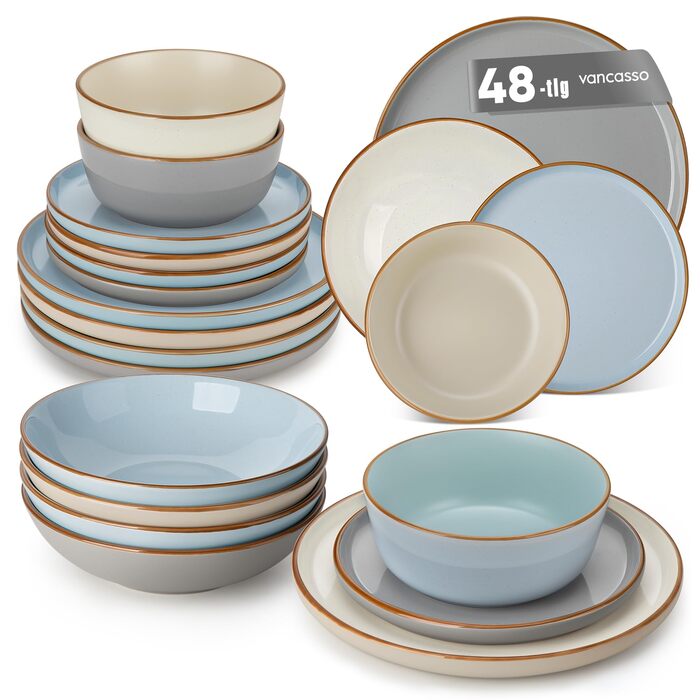Набір посуду на 6 осіб Vancasso RENO 24-tlg: тарілки, супові тарілки, десертні тарілки, миски, комплект посуду з кераміки, 48 предметів