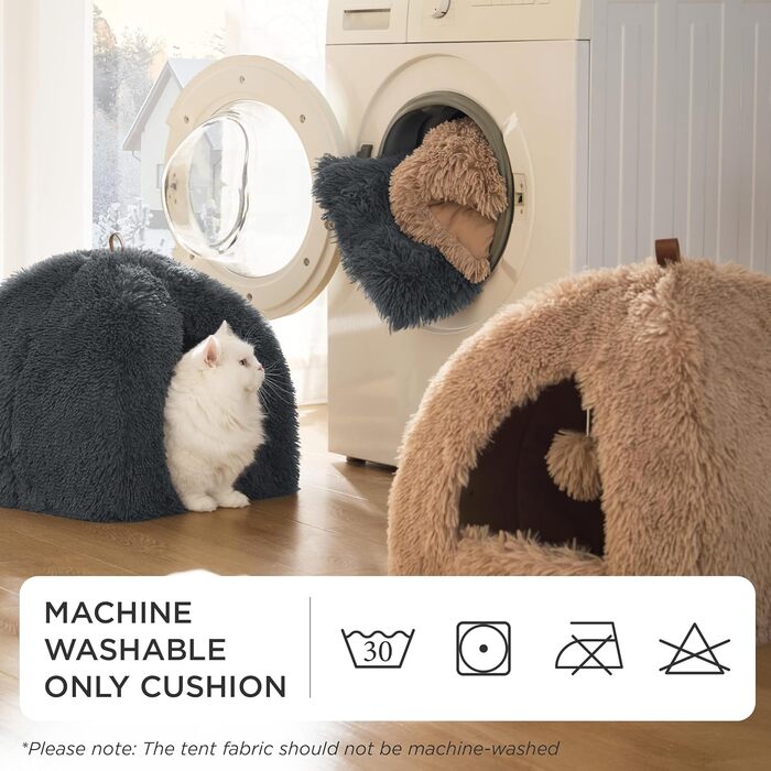 Ліжко для котів BEDSURE велике, 44x44x44 см, сіре. З м'якою подушкою та іграшкою. Легко миється. Внутрішній будиночок для кота.