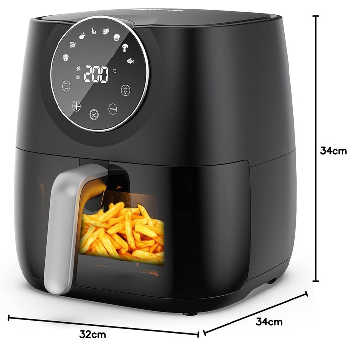 Фритюрниця Joyami Heißluft XXL 5.7L з сенсорним керуванням, 1700W, 8 програм, без олії, чорна