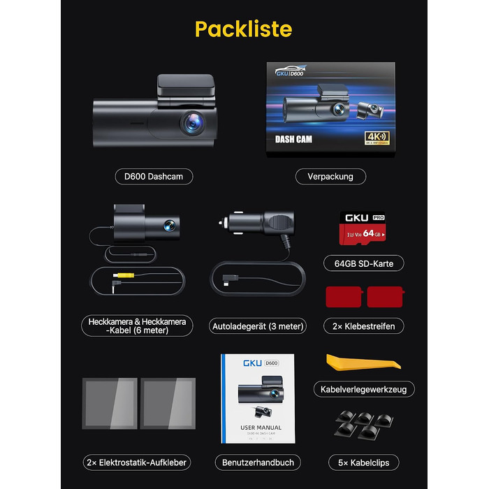 Автомобільний відеореєстратор GKU 4K+1080P (передній та задній), 5GHz WiFi, з карткою пам'яті 64GB, глянцевий чорний