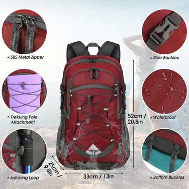 IGOLUMON Hiking Backpack Men Women 40L Waterproof Backpack Lightweight Foldable Travel Backpack Trekking Backpack with Reflective Strips For Cycling, Climbing, Mountaineering and Travel Sports, Red