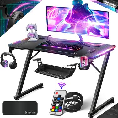 Ігровий стіл KESSER Gaming 120x60 см, Z-подібний комп'ютерний стіл з карбоновим покриттям, підставкою для напоїв та гачком для навушників, чорний