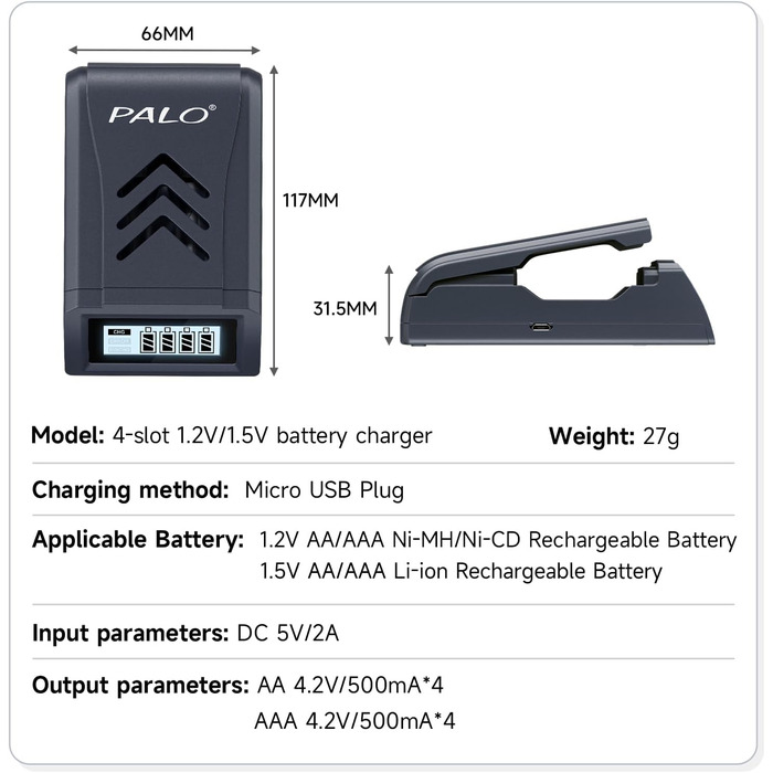 Зарядний пристрій AAA/AA акумуляторів: Li-Ion 1.5V, NI-MH 1.2V, USB-C, швидка зарядка