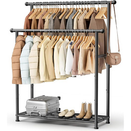 MISSLO Двоярусна вішалка для одягу, міцна, переносний гардероб для спальні, вітальні (чорний)