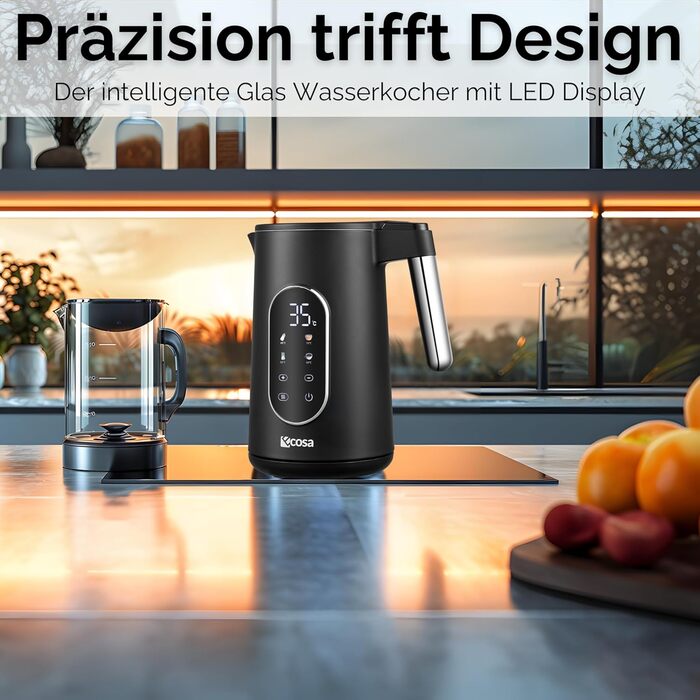 Електричний чайник-заварник зі сталі з регулюванням температури 40-100°C, 1.7 л, 2200 Вт, без BPA, з підігрівом та LED дисплеєм (чорний)