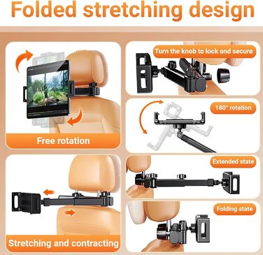 Автотримач для планшета та смартфона: двоосьовий, висувний, 360° обертання, для iPad, iPhone та інших пристроїв 4.7-12.9 дюймів