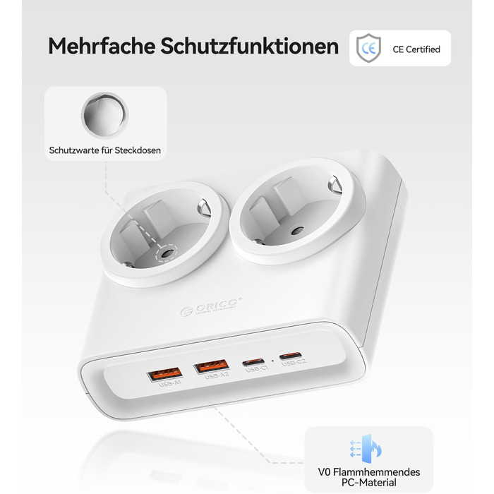 Мережевий адаптер ORICO 25W GaN 6-в-1 білий з 2 розетками AC, 4 USB (2 USB-C PD), кабелем 1.6м, 2500W для дому/офісу