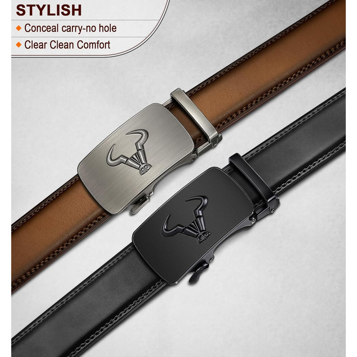 Чоловічий шкіряний ремінь BULLIANT 2 шт. з автоматичною застібкою-ратом, ширина 35 мм, регульований, з подарунковою коробкою (115 см/32'-38' та 105 см/28'-34' розміри, чорний/Tawny7975)