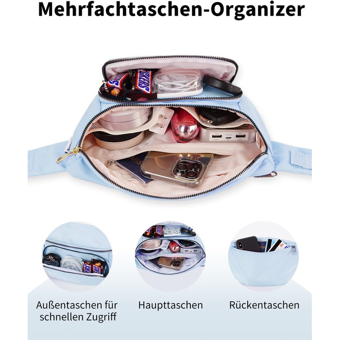 Поясна сумка для жінок та чоловіків, стильна, з 4 кишенями на блискавці та регульованим ремінцем, ідеальна для подорожей та піших прогулянок (світло-блакитна)
