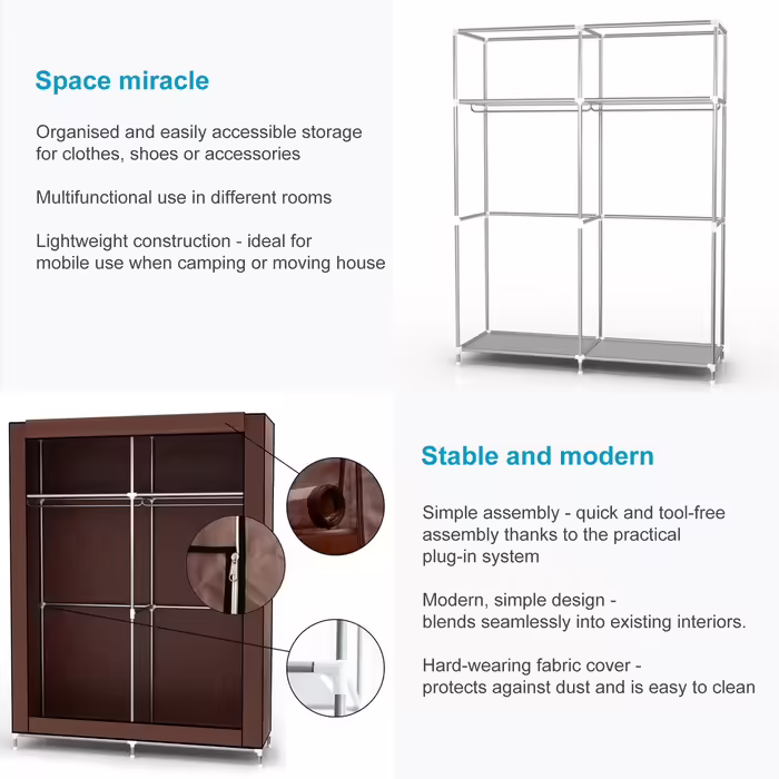 Folding Wardrobe 108x45x170 cm in GRAY - Fabric wardrobe with zipper and clothes rail, side pocket and compartments - shelf, metal frame, storage (Beaver Brown)