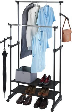 WENKO Clothes Rack Folding, Clothes Storage with Adjustable Clothes Rail and Wheels, Plastic/Metal, 88 x 100-168 x 11-49 cm, Chrome/Grey (169 x 43 x 89.5 cm)