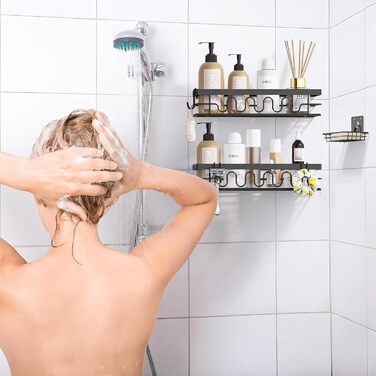 Поличка для душу без свердління, 3-секційний органайзер для душу з регульованими кошиками, нержавіюча сталь - Максимальний простір для зберігання з мильницею та 3 гачками для душу, ванної, кухні, балкону - Підставка для душу без свердління