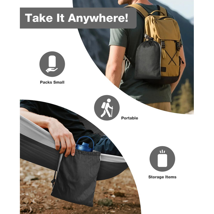 Гамак дорожній Camping 295x140 см, вантажність 350 кг, з карабінами та ременями, чорно-сірий