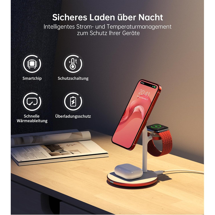 3-в-1 Бездротова Зарядка для Багатьох Пристроїв: iPhone, iWatch, AirPods, 15W, MagSafe, Колір: Маджента