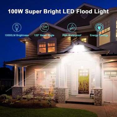 BOSITE LED прожектор для вулиці 100 Вт, 2 шт, холодне світло 6500K, 10000 Лм, IP65, водонепроникний світлодіодний ліхтар для двору, воріт, газону, гаража, стадіону, майданчика