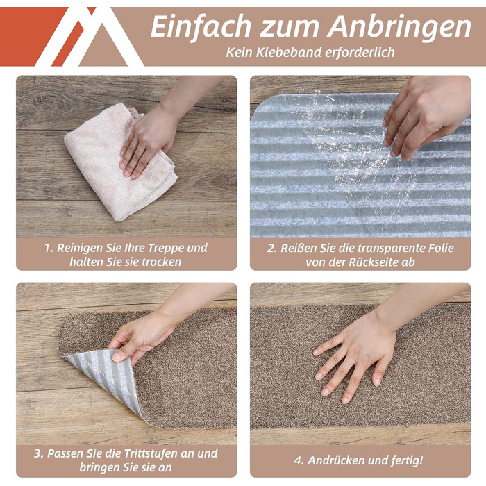 Компактні килимки для сходів COSY HOMEER, 15 шт., 70x22 см, самоклеючі, машинне прання, 100% поліестер, TPE-підкладка, безпека для дітей та домашніх тварин, бежевий колір
