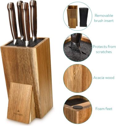 Navaris Acacia Wood Knife Block with Brush Insert - Unfitted Knife Block made of Wood - Universal for Kitchen Knives, Chef's Knives, Cooking Utensils - Brown
