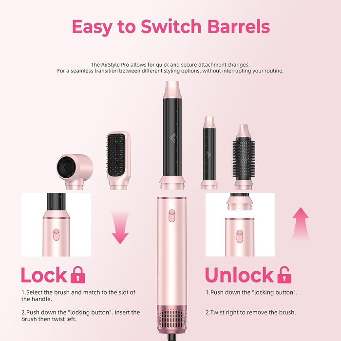 Мультистайлер для волосся 5 в 1 Atopskins Air Styler 1000W: фен-щітка, вирівнювач та плойка для сушіння, завивки та гладкого волосся, колір Creamrosa