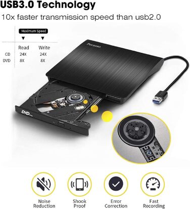 Зовнішній CD/DVD привід USB 3.0, портативний Slim RW записувач для ноутбуків та ПК (Windows, Mac OS, MacBook, iMac), чорний